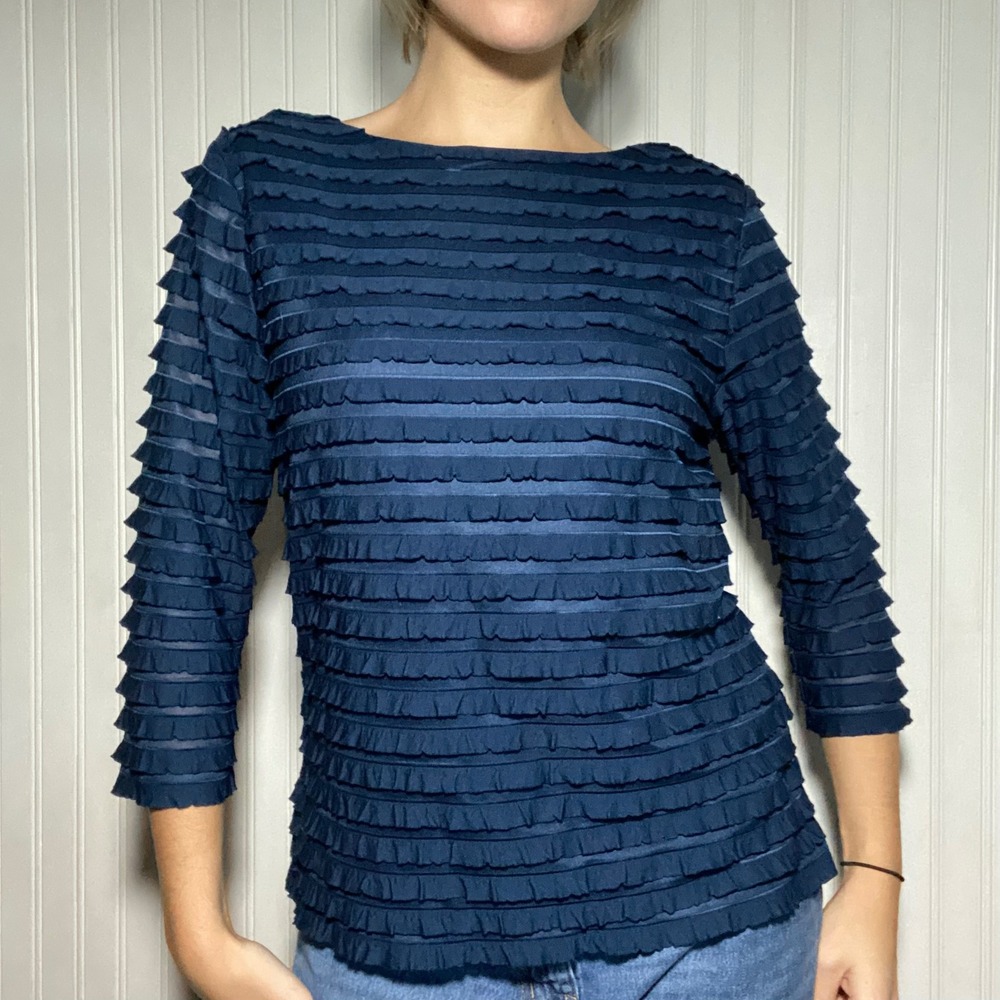 Coldwater Creek Preppy Navy Ruffle Top Academia Feminine Sheer Sleeve Chic - M